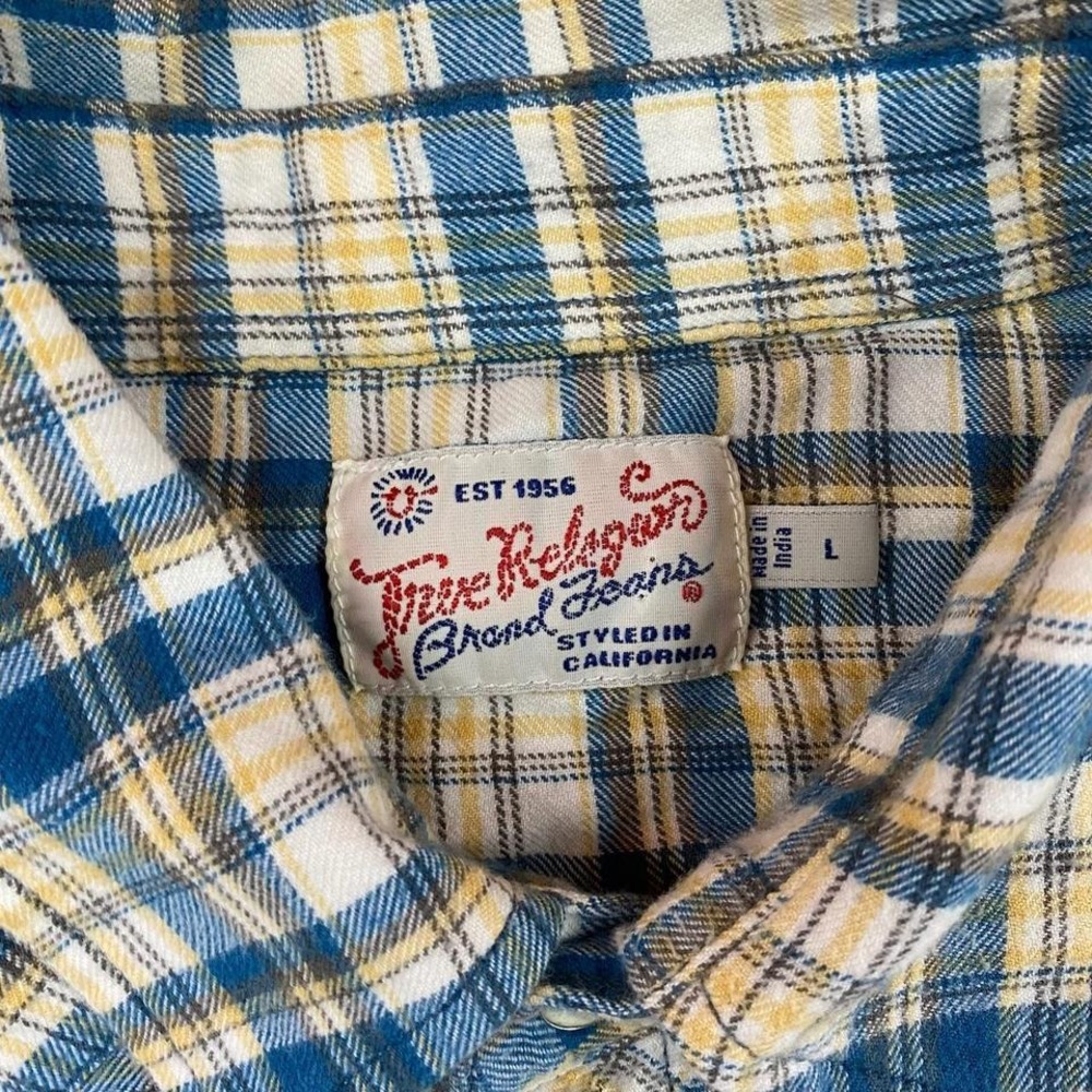 True‎ Religion Western Shirt Mens Blue Yellow Madras Plaid Pearl Snap Rodeo S - Picture 3 of 6